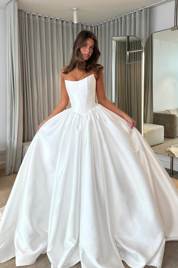 Luolandi Elegant A Line Ball Gown Strapless Satin Off Shoulder Floor Length Wedding Dresses