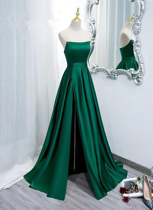Luolandi Green Satin Simple Long Party Dress with Leg Slit A-Line Junior Prom Dress Evening Dress