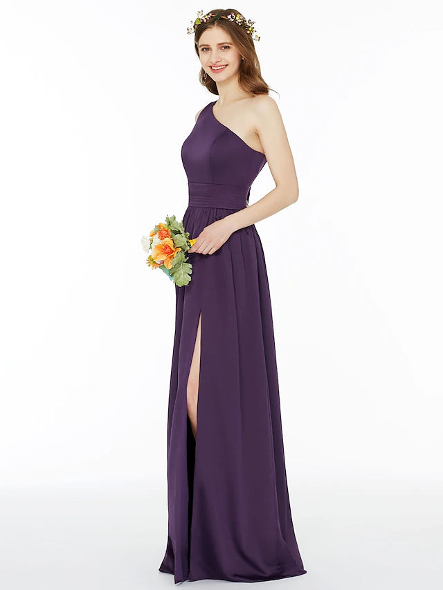 Luolandi Ball Gown / A-Line Bridesmaid Dress One Shoulder Sleeveless Floor Length Chiffon with Sash / Ribbon / Pleats