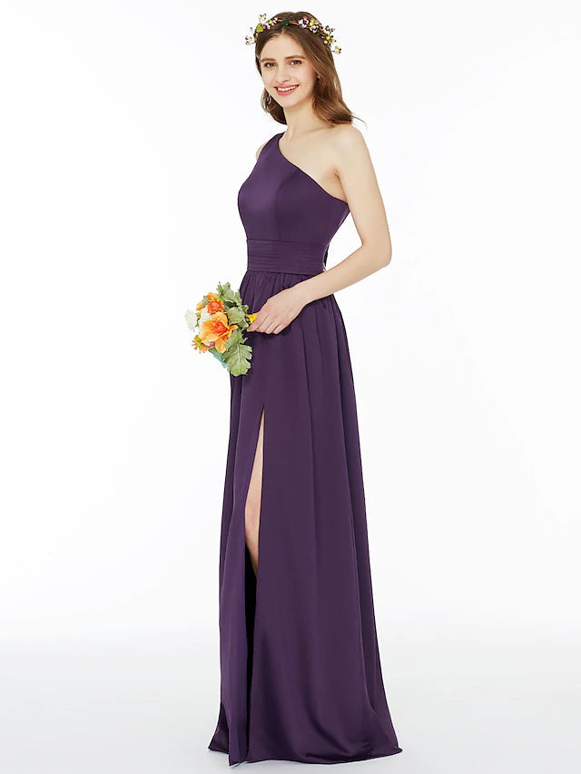 Ball Gown / A-Line Bridesmaid Dress One Shoulder Sleeveless Floor Length Chiffon with Sash / Ribbon / Pleats