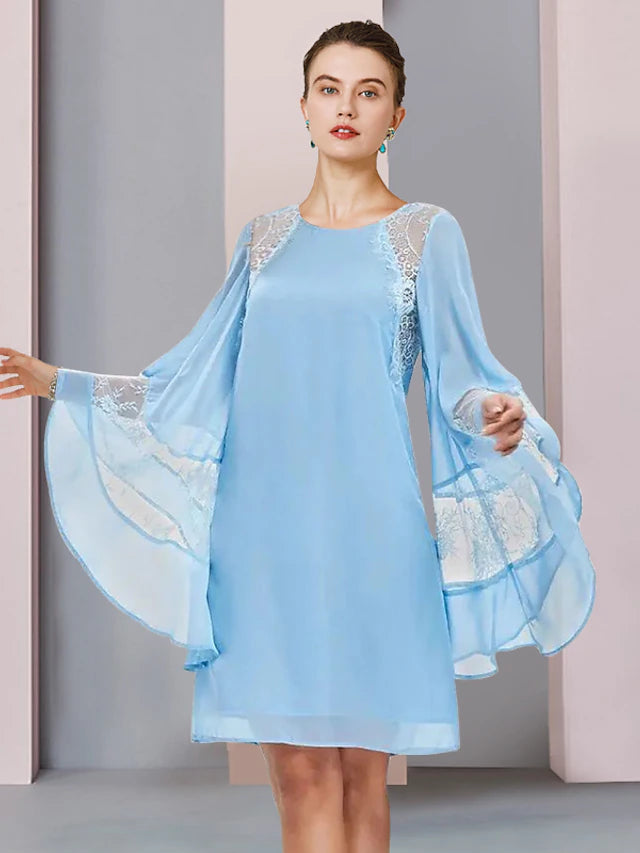 Luolandi A-Line Mother of the Bride Dress Formal Wedding Guest Plus Size Elegant Jewel Neck Short / Mini Lace Long Sleeve