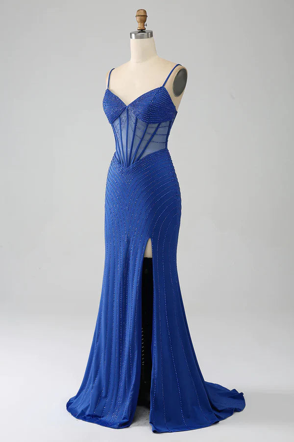Luolandi Royal Blue Mermaid Corset Prom Dress with Beading And Slit Sparkly Evening Dress