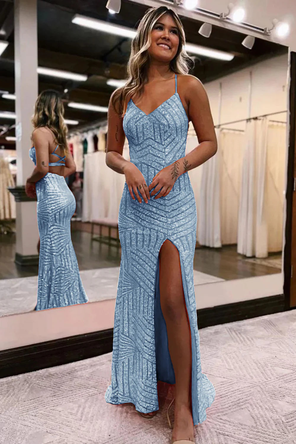 Luolandi Grey Blue Sequins V-Neck Spaghetti Straps Prom Dress With Slit Sparkly