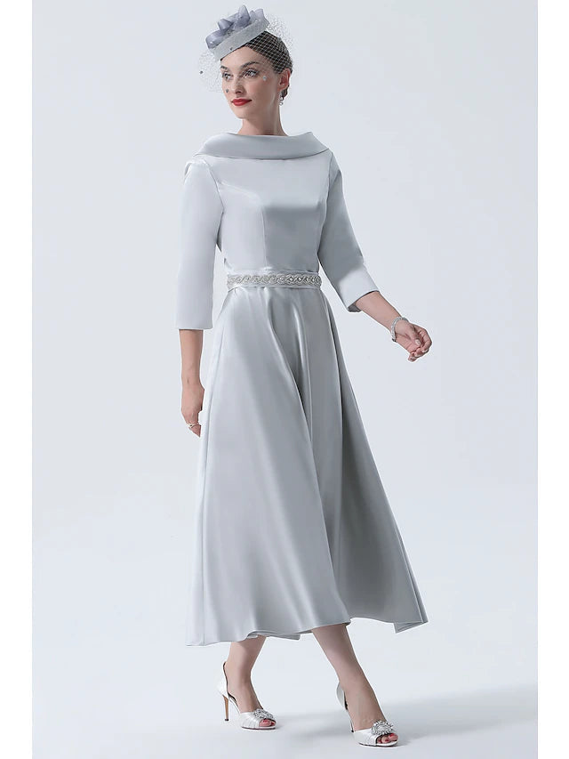 Luolandi A-Line Mother of the Bride Dress Wedding Guest Vintage Plus Size Elegant Bateau Neck Tea Length Satin 3/4 Length Sleeve