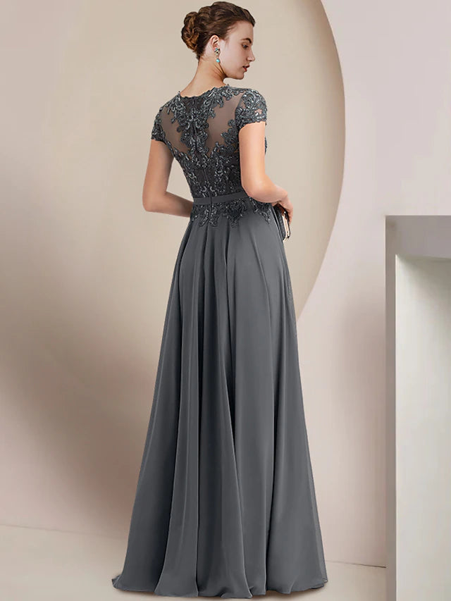 Luolandi Sheath / Column Mother of the Bride Dress Wedding Guest Party Elegant Jewel Neck Floor Length Chiffon Lace Short Sleeve with Pleats