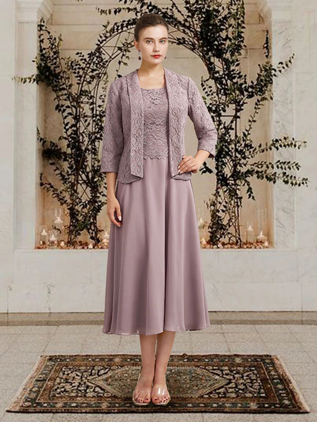 Luolandi Two Piece A-Line Mother of the Bride Dress Church Elegant Jewel Neck Floor Length Tea Length Chiffon Lace Sleeveless Short Jacket Dresses with Appliques