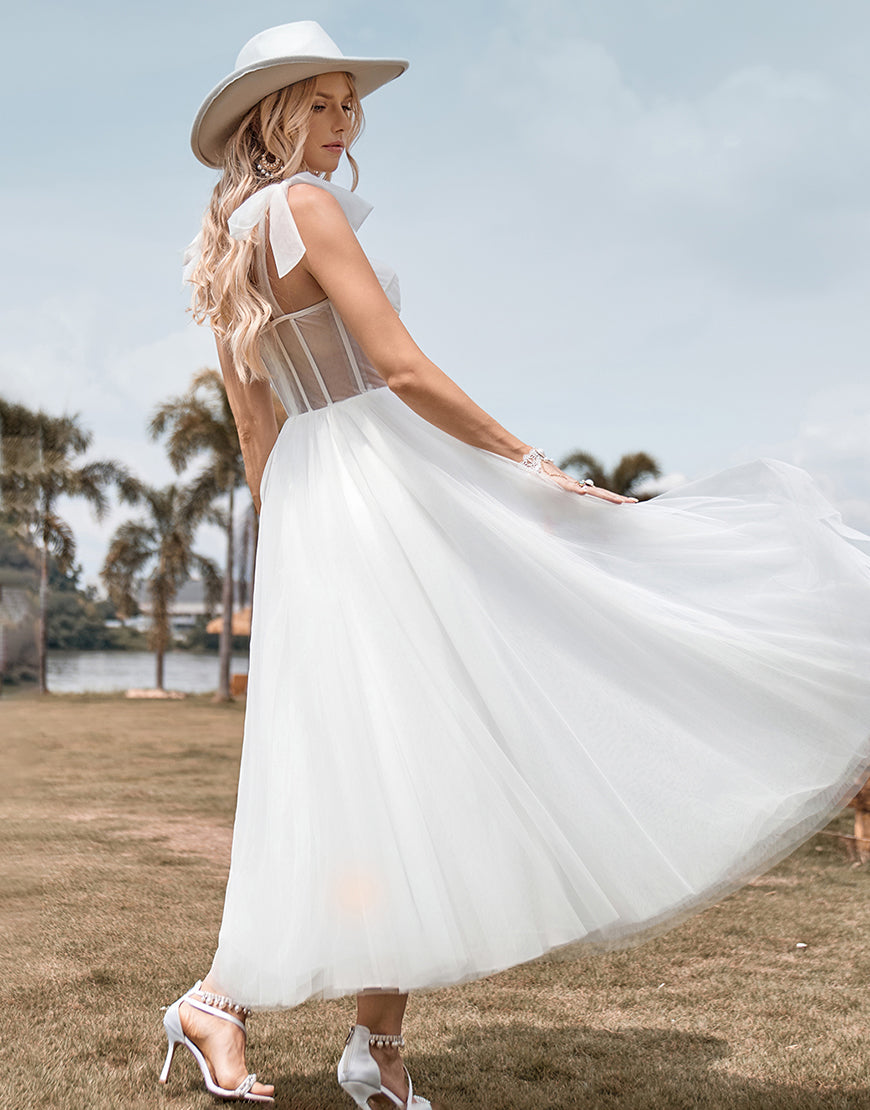 Luolandi Ivory Tulle Corset Tea-Length A Line Wedding Dress Sexy