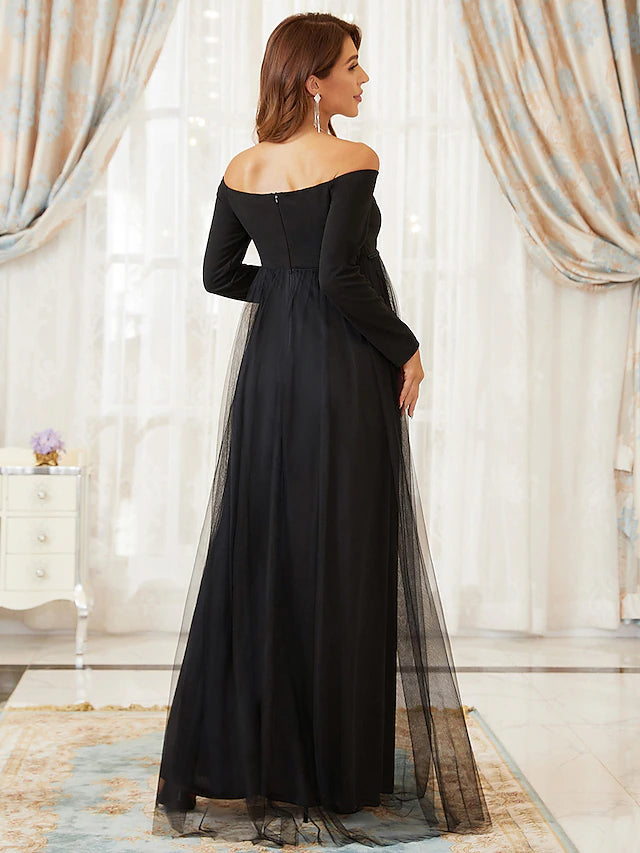 Luolandi A-Line Mother of the Bride Dress Maternity Elegant Off Shoulder Floor Length Tulle Long Sleeve