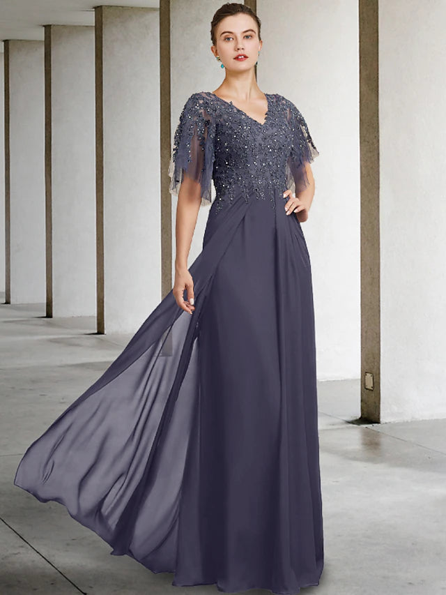 Luolandi A-Line Plus Size Curve Mother of the Bride Dress Elegant V Neck Floor Length Chiffon Lace Short Sleeve with Beading