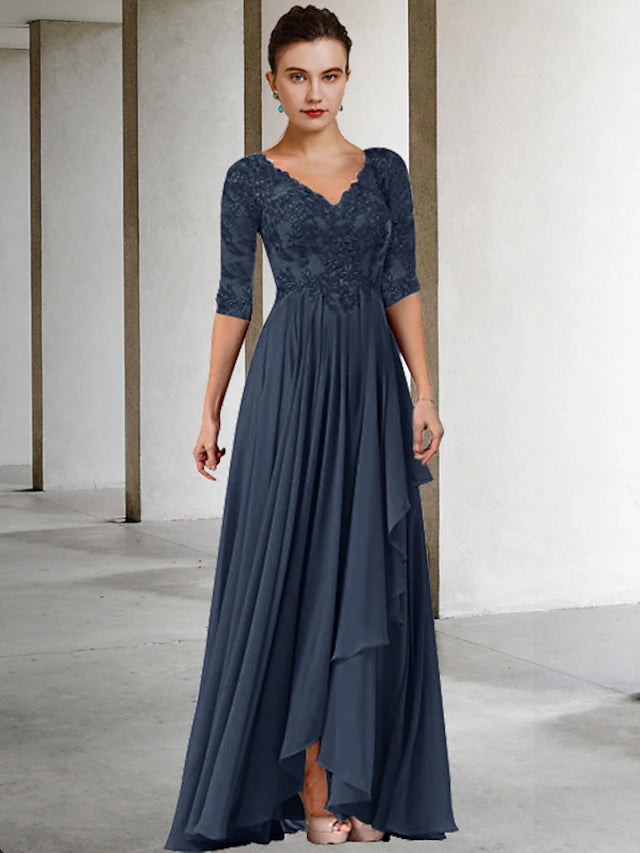 Luolandi Two Piece A-Line Mother of the Bride Dress Plus Size Elegant High Low V Neck Asymmetrical Floor Length Chiffon Lace Half Sleeve Wrap Included Jacket Dresses with Pleats