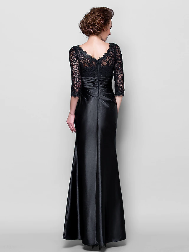 Luolandi Mother of the Bride Dress See Through Jewel Neck Floor Length Satin Lace Over Satin Length Sleeve with Lace