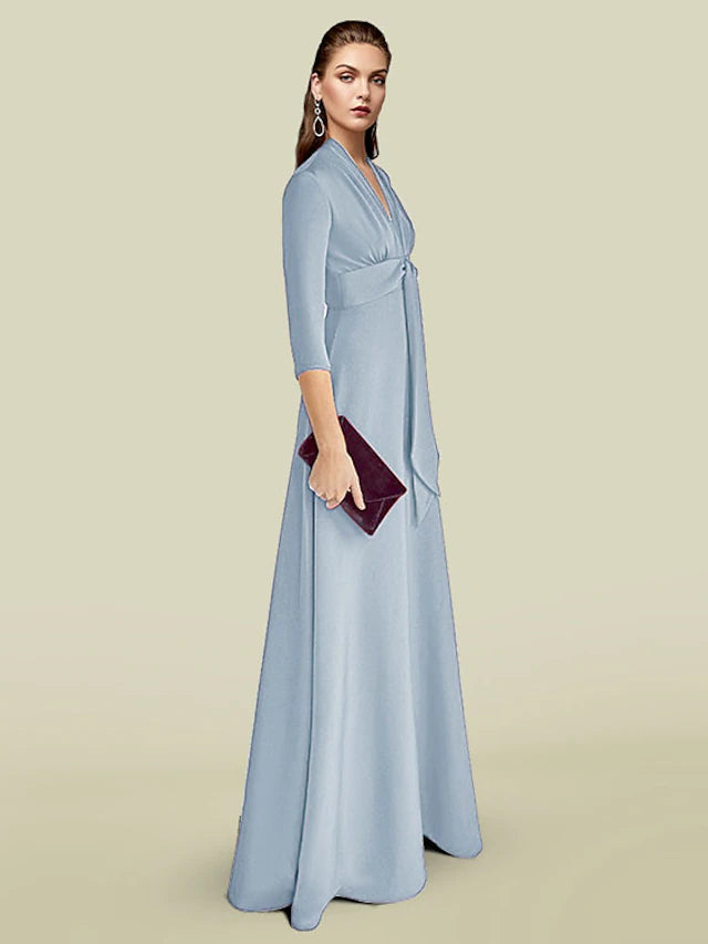 Luolandi A-Line Mother of the Bride Dress Elegant V Neck Floor Length Charmeuse 3/4 Length Sleeve