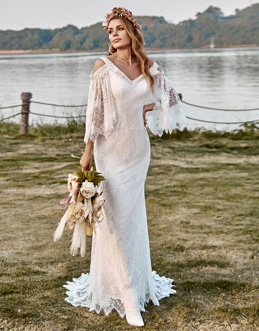 Luolandi Ivory Lace Cold Shoulder Mermaid Cape Sleeves Boho Wedding Dress Beautiful