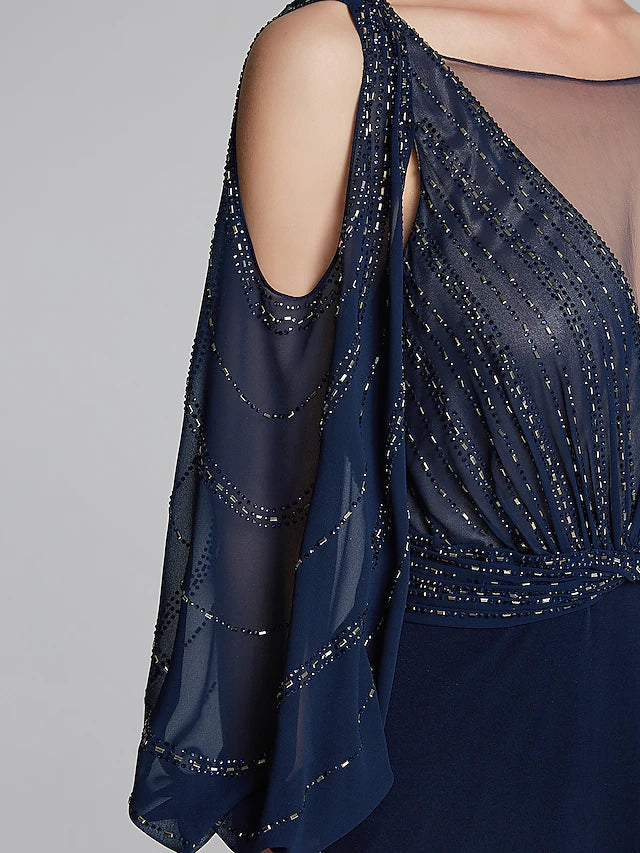 Luolandi Sheath / Column Mother of the Bride Dress Sparkle & Shine Boat Neck Floor Length Chiffon Jersey Long Sleeve No with Beading