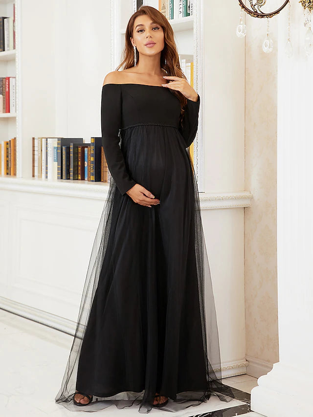 Luolandi A-Line Mother of the Bride Dress Maternity Elegant Off Shoulder Floor Length Tulle Long Sleeve