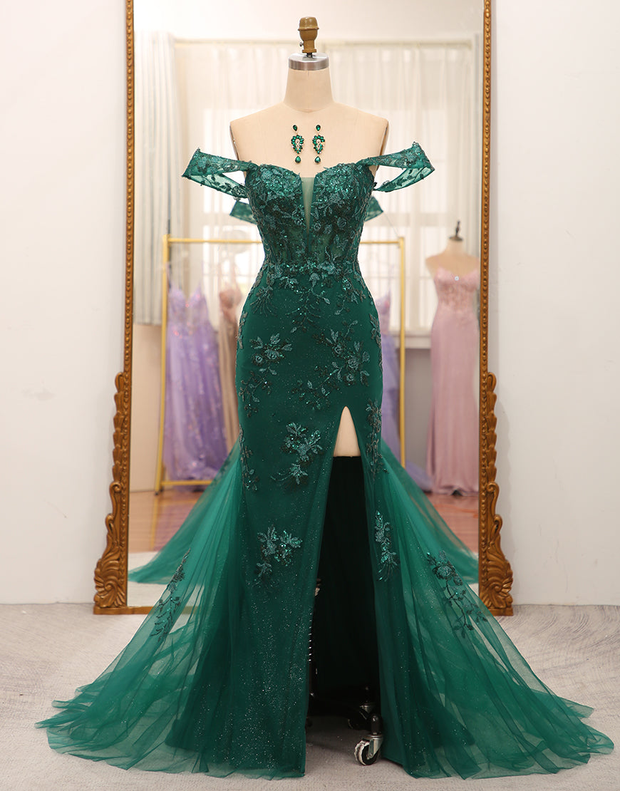 Luolandi Stylish Mermaid Off the Shoulder Dark Green Corset Prom Dress with Split Front Sexy