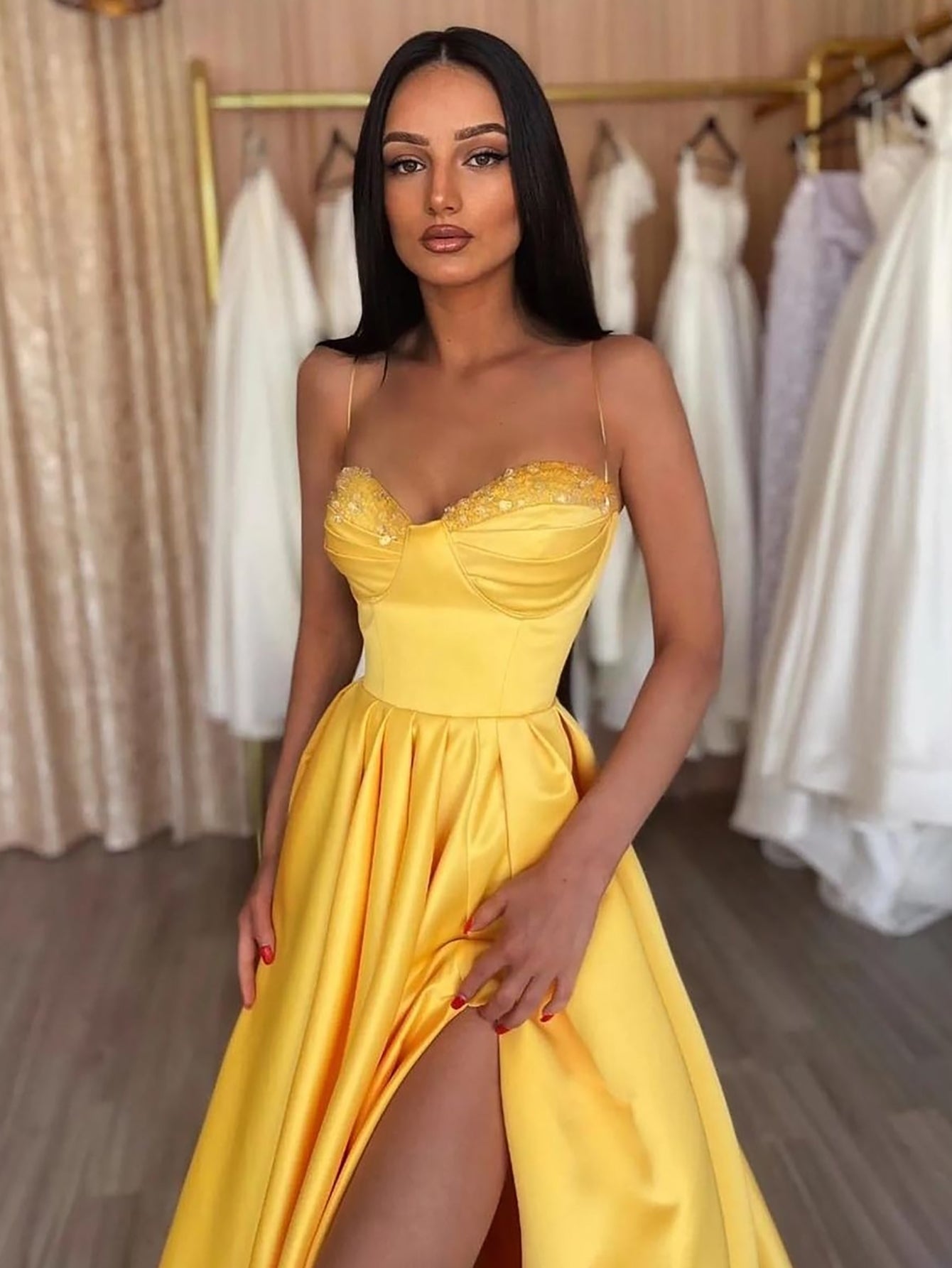 Luolandi Yellow Spaghetti Straps Sleeveless Long Prom Dress With Slit Sexy Evening Dress
