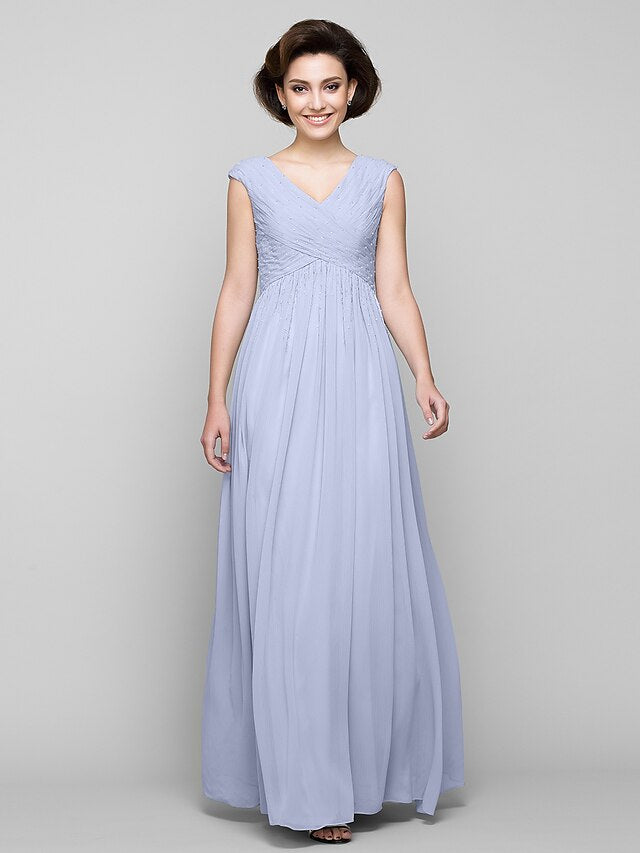 Luolandi A-Line Mother of the Bride Dress Elegant V Neck Floor Length Chiffon Sleeveless with Beading