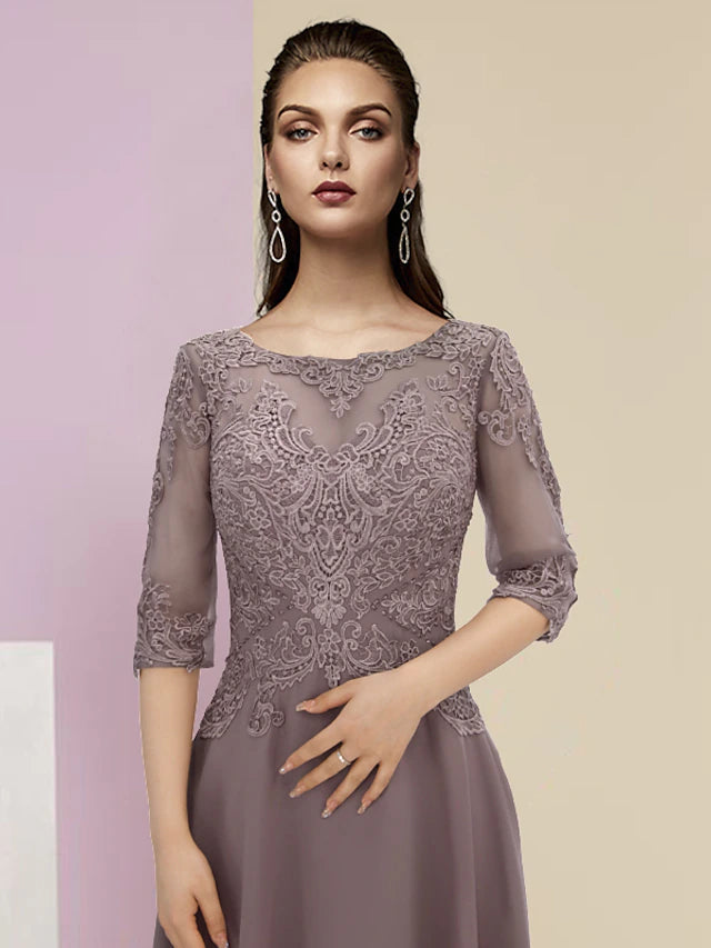 Luolandi A-Line Mother of the Bride Dress Elegant High Low Jewel Neck Asymmetrical Ankle Length Chiffon Lace Half Sleeve with Appliques