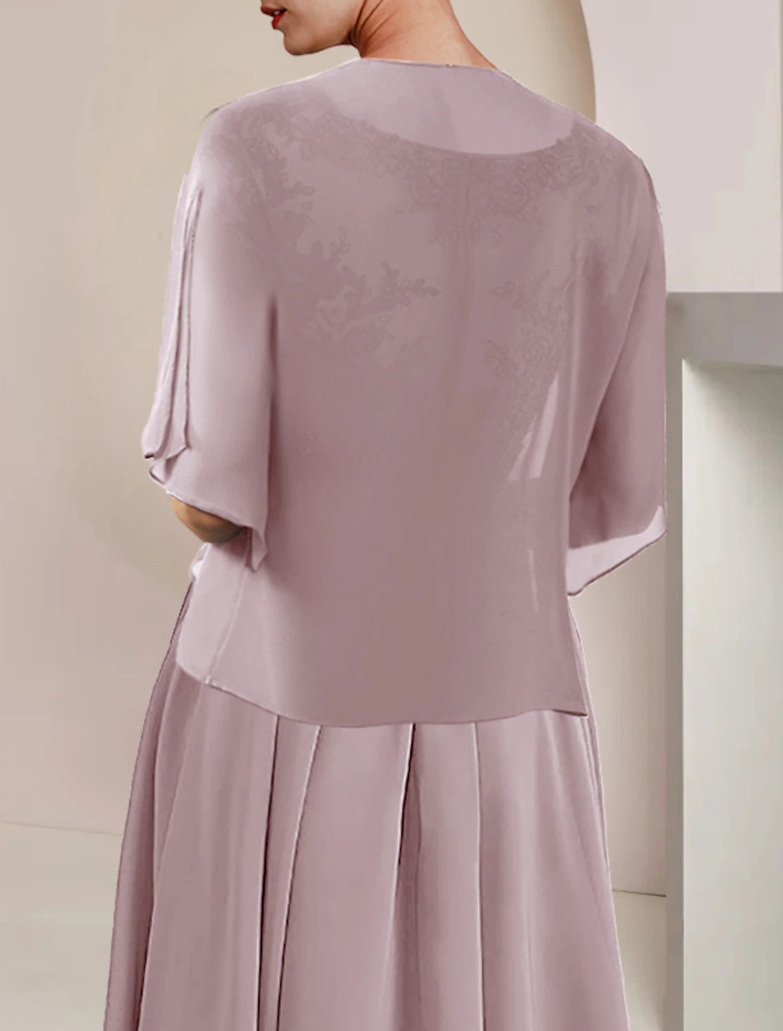 Luolandi Two Piece A-Line Mother of the Bride Dress Formal Wedding Guest Elegant V Neck Asymmetrical Tea Length Chiffon Lace Short Sleeve Wrap Included with Pleats