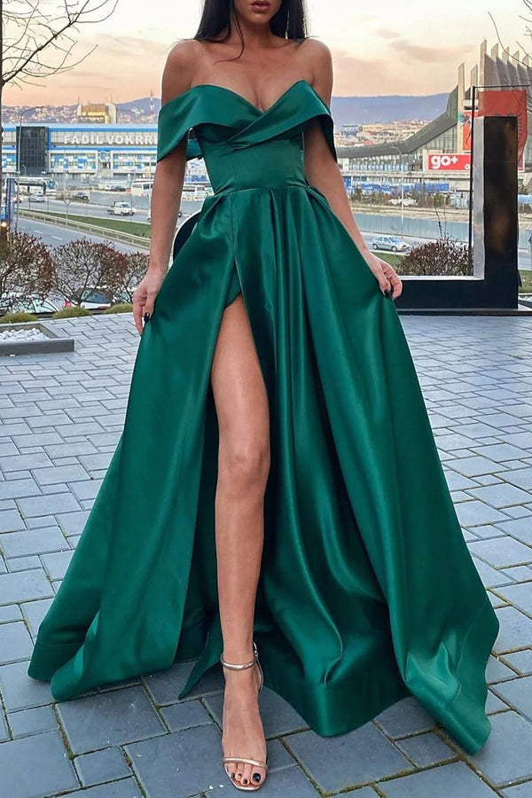 Luolandi A-Line Prom Dresses Celebrity Style Dress Christmas Floor Length Short Sleeve V Neck Satin with Slit Sexy Evening Dress