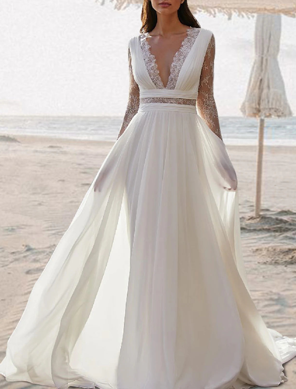 Luolandi Beach Boho Open Back Wedding Dresses A-Line V Neck Sleeveless Floor Length Chiffon Bridal Gowns With Pleats Beautiful