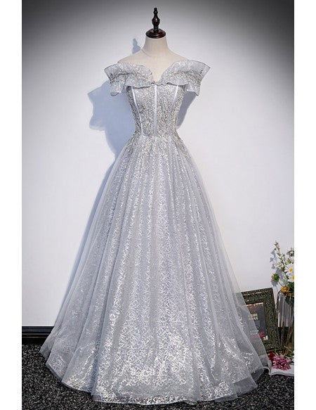 Luolandi Bling Off Shoulder Silver Prom Dress with Beadings Floor Length Beautiful Evening Dress