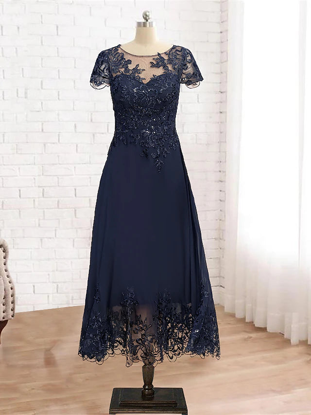 Luolandi A-Line Mother of the Bride Dress Formal Vintage Elegant Scoop Neck Tea Length Lace 3/4 Length Sleeve with Sequin