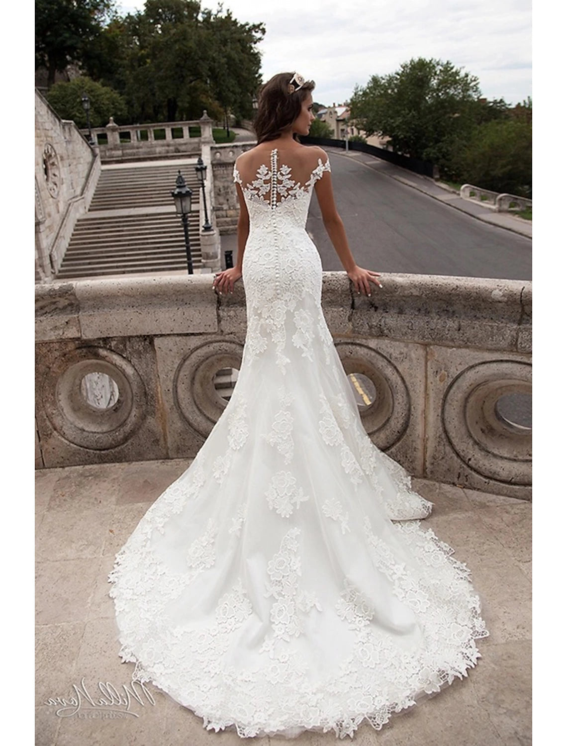 Luolandi Engagement Open Back Formal Wedding Dresses Mermaid / Trumpet Off Shoulder Cap Sleeve Court Train Lace Bridal Gowns