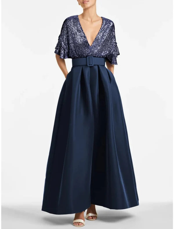 Luolandi A-Line Evening Gown Sparkle & Shine Dress Formal Wedding Guest Ankle Length Half Sleeve V Neck Satin with Glitter Pleats Sexy