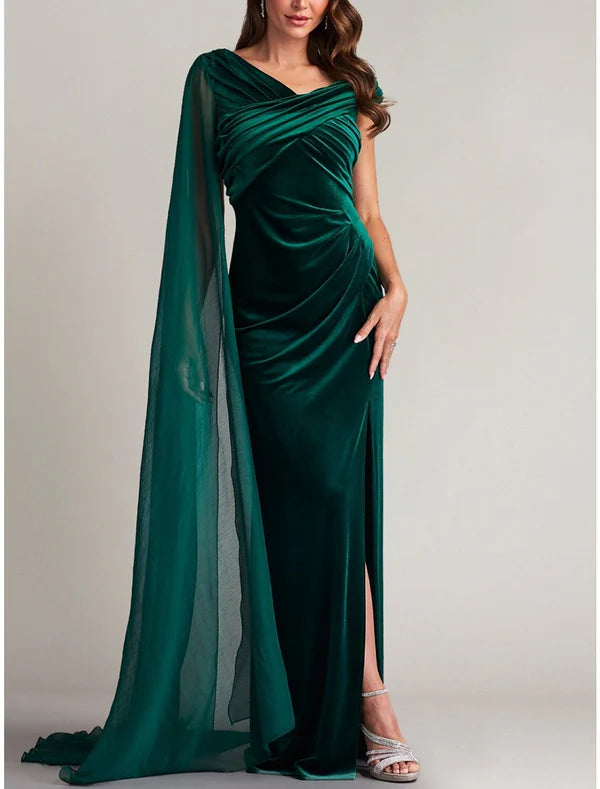 Luolandi A-Line Evening Gown Elegant Dress Formal Court Train Sleeveless V Neck Velvet with Ruched Slit Dark Green