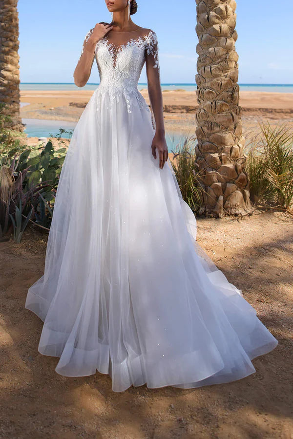 Luolandi A-line illusion collar lace decal long sleeved wedding dress Beautiful