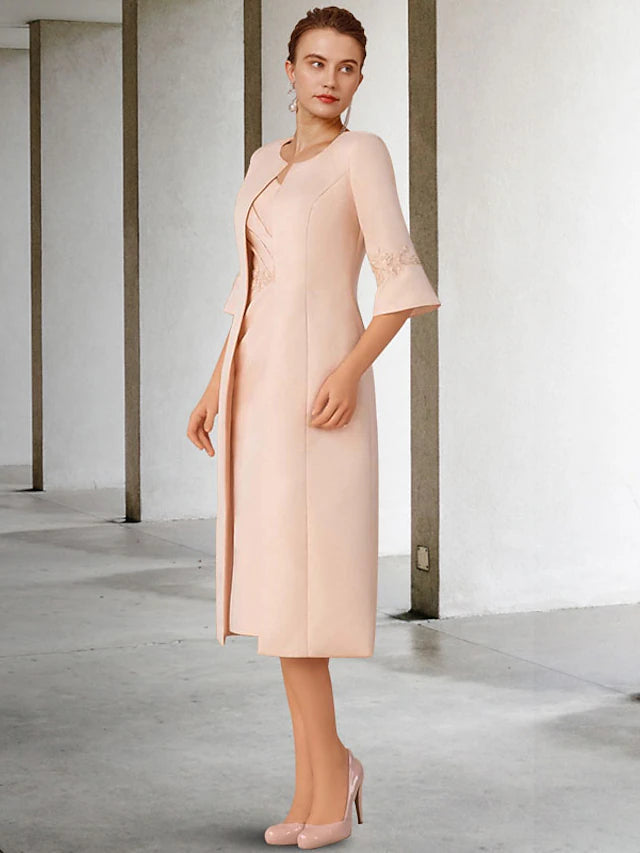 Luolandi Two Piece Sheath / Column Mother of the Bride Dress Church Elegant V Neck Knee Length Lace Chiffon Short Sleeve Jacket Dresses with Appliques