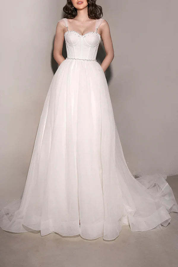 Luolandi A Line Sweetheart Pearl sheer minimalist wedding dress With Slit