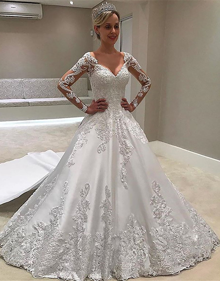 Luolandi A Line V Neck Long Sleeves Long Bridal Dress Wedding Dresses Beautiful
