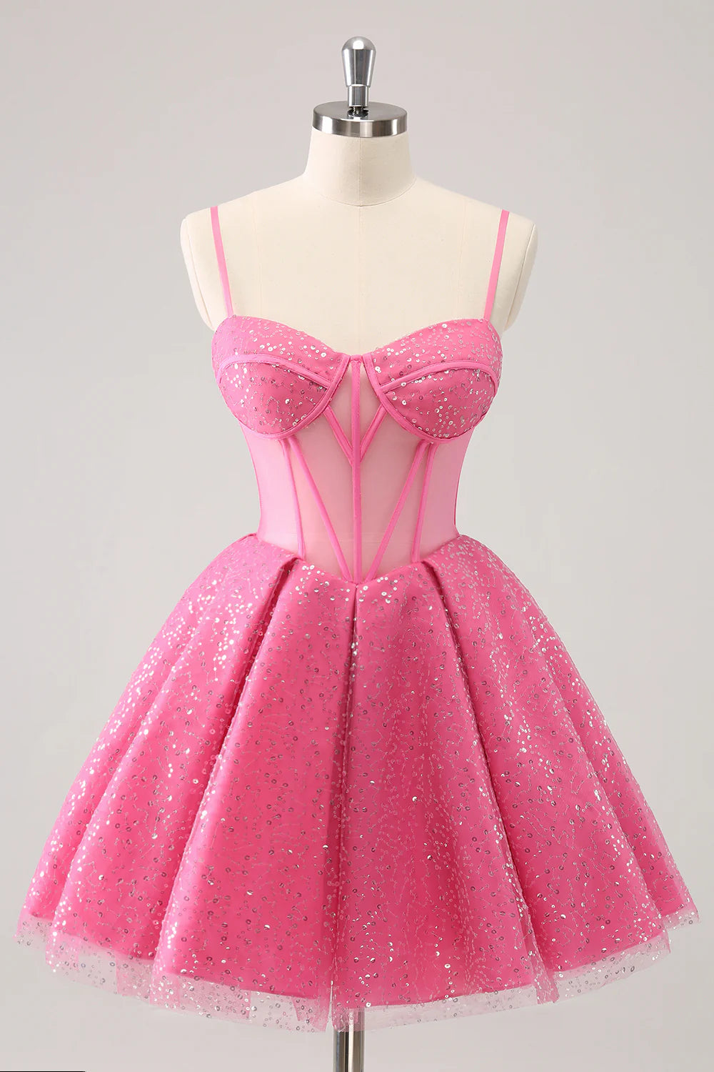 Luolandi Pink A Line Tulle Spaghetti Straps Sparkly Homecoming Dress Beautiful