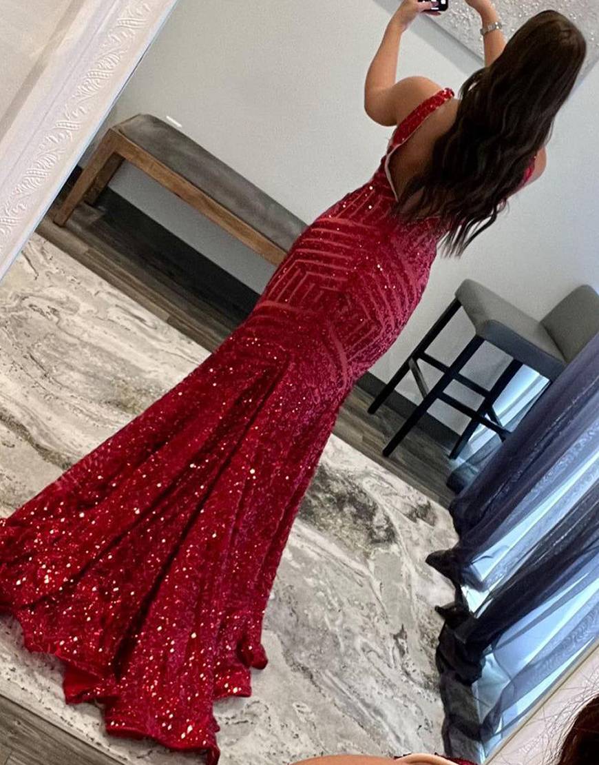 Luolandi Deep V-neck Sequin Mermaid Prom Dress Sexy Evening Dresses