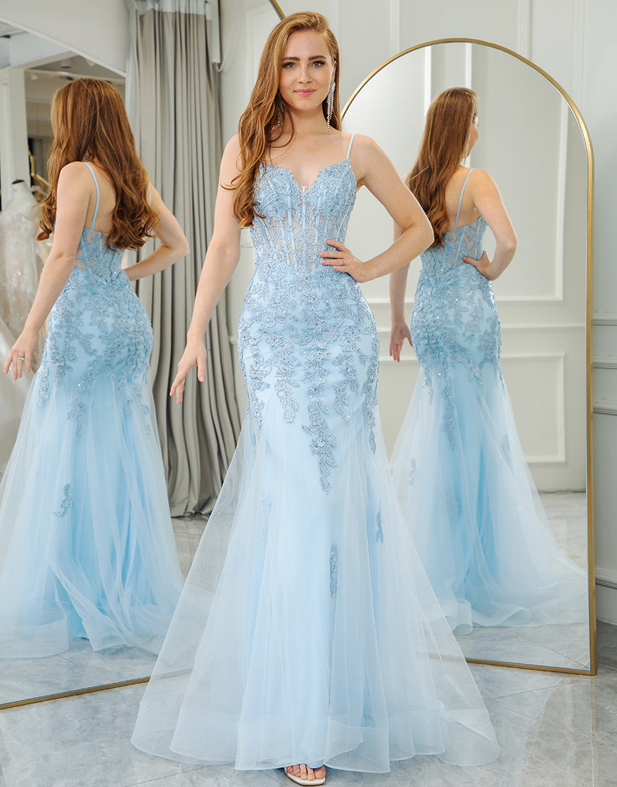 Luolandi Light Blue Mermaid Backless Long Prom Dress Beautiful