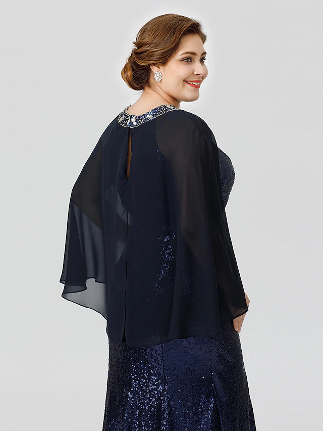 Luolandi Mermaid / Trumpet Mother of the Bride Dress Formal Chic & Modern Glamorous & Dramatic Plus Size Jewel Neck Floor Length Chiffon Sequined 3/4 Length Sleeve No with Crystals