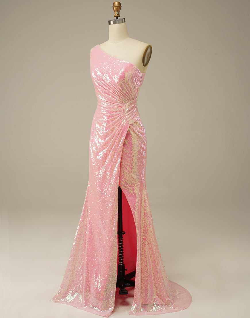 Luolandi One Shoulder Sheath Stunning Prom Dress Sparkly Evening Dresses With Slit