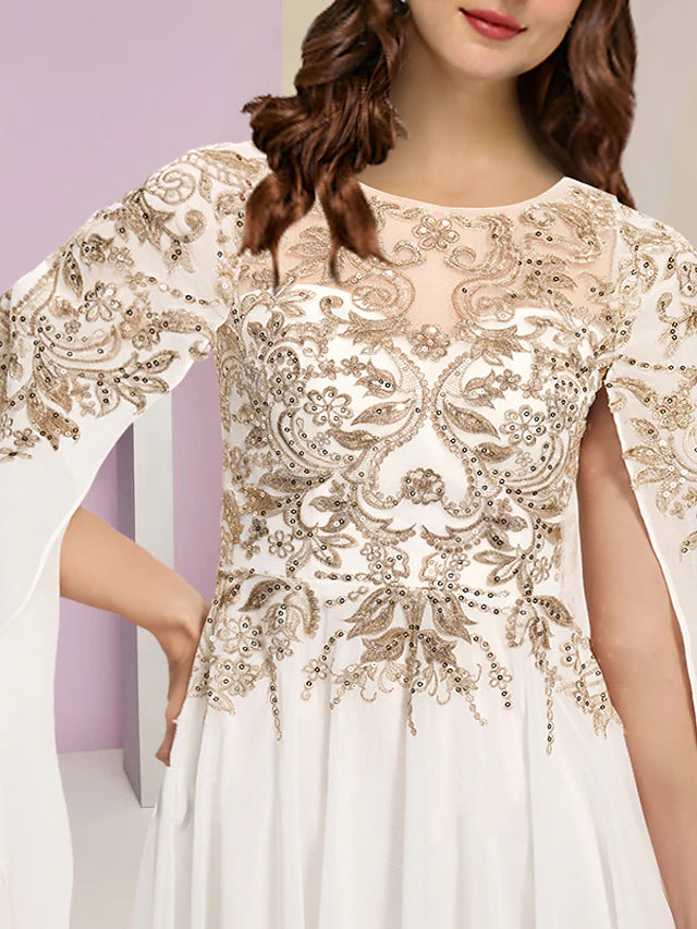 Luolandi Plus Size Curve Mother of the Bride Dress Wedding Guest Party Luxurious Jewel Neck Floor Length Chiffon Lace Sequined Long Sleeve