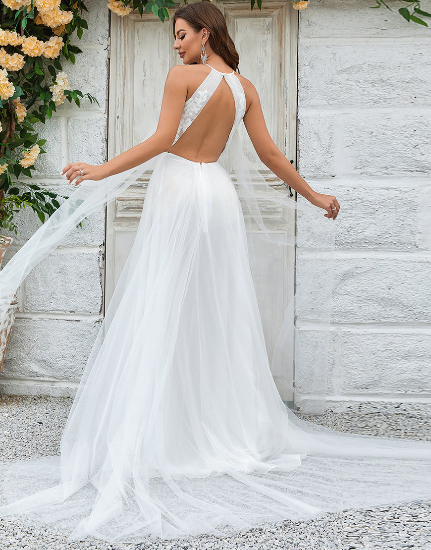 Luolandi Ivory Open Back Tulle Sweep Train Wedding Dress with Lace Beautiful