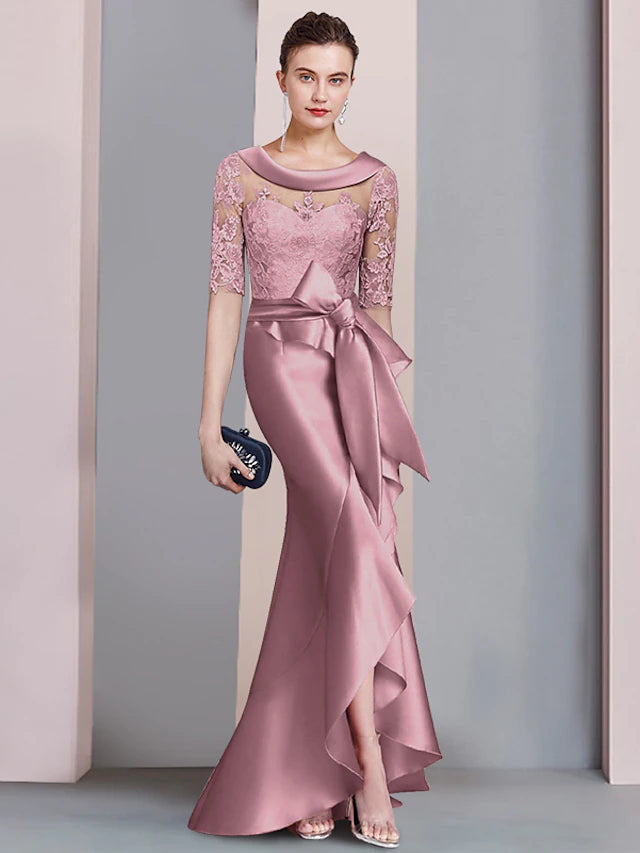 Luolandi Mermaid / Trumpet Mother of the Bride Dress Formal Elegant High Low Scoop Neck Sweep / Brush Train Asymmetrical Satin Lace Half Sleeve with Bow(s)