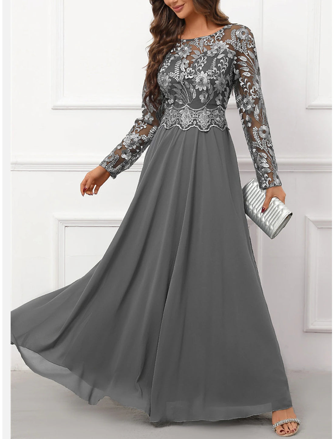 Luolandi Women's Prom Dress Party Dress Lace Dress Long Dress Maxi Dress Gray Long Sleeve Pure Color Lace Spring Fall Winter Crew Neck Fashion Mother of the Bride Dress