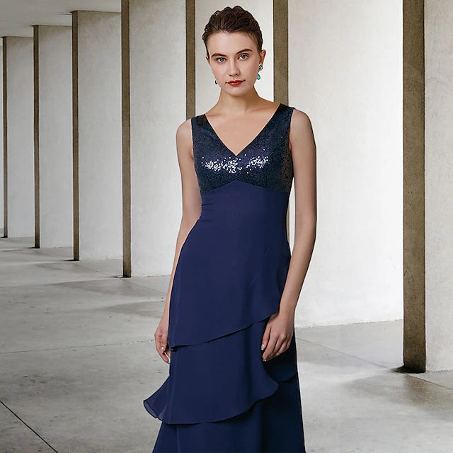 Luolandi A-Line Mother of the Bride Dress Elegant V Neck Floor Length Chiffon Sequined Sleeveless Wrap Included with Sequin