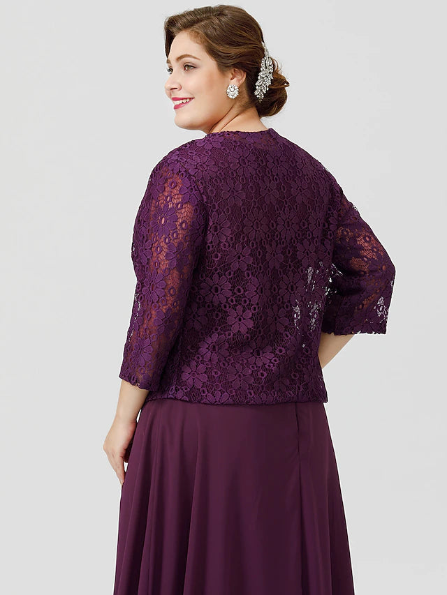 Luolandi A-Line Mother of the Bride Dress Formal Classic & Timeless Elegant & Luxurious Plus Size Scoop Neck Tea Length Chiffon Floral Lace Sleeveless yes with Sash / Ribbon