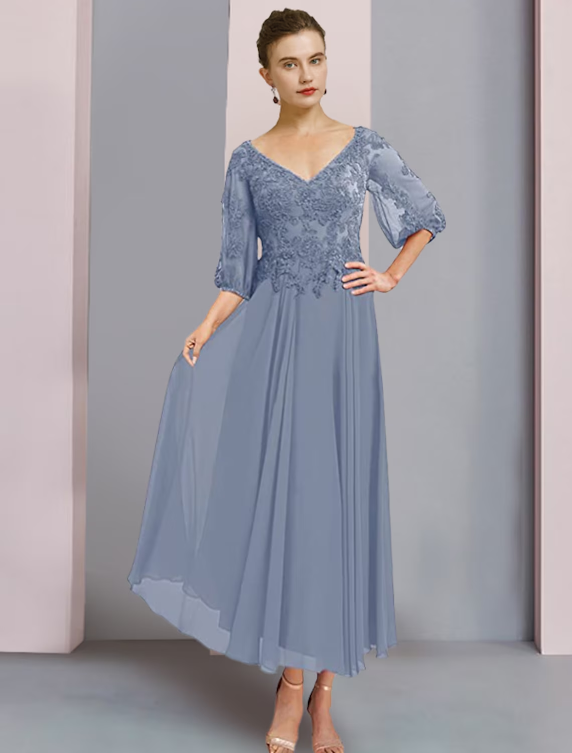 Luolandi Two Piece A-Line Mother of the Bride Dress Formal Wedding Guest Elegant V Neck Chiffon Lace 3/4 Length Sleeve Wrap Included with Pleats