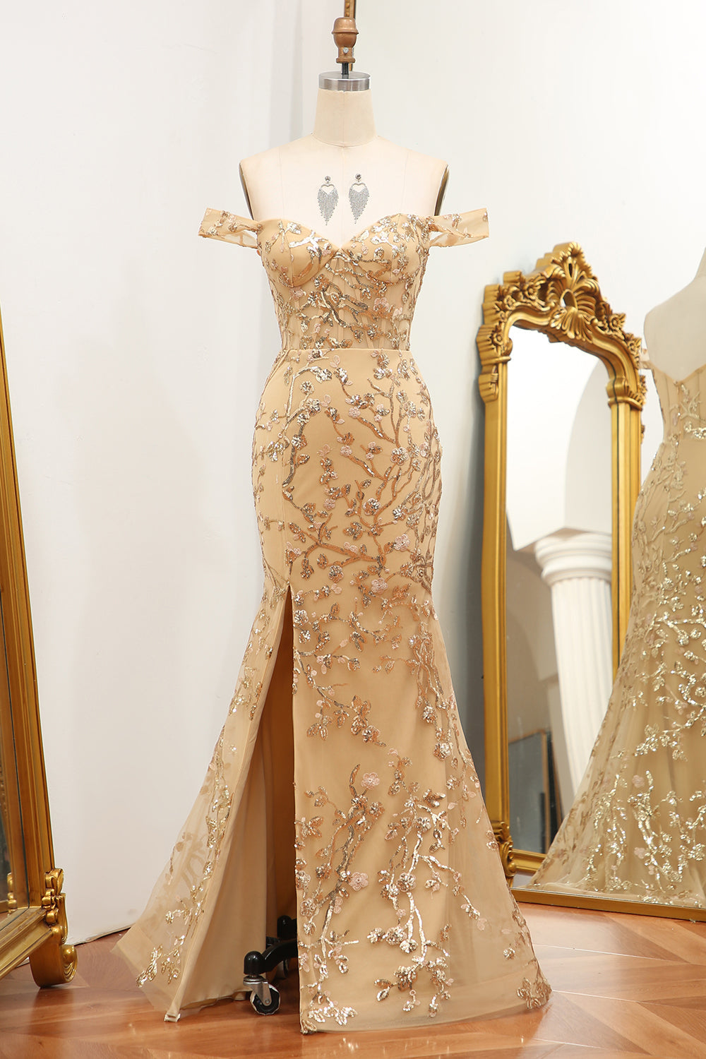 Luolandi Mermaid Off The Shoulder Golden Long Beaded Prom Dress With Slit Sexy Evening Dress