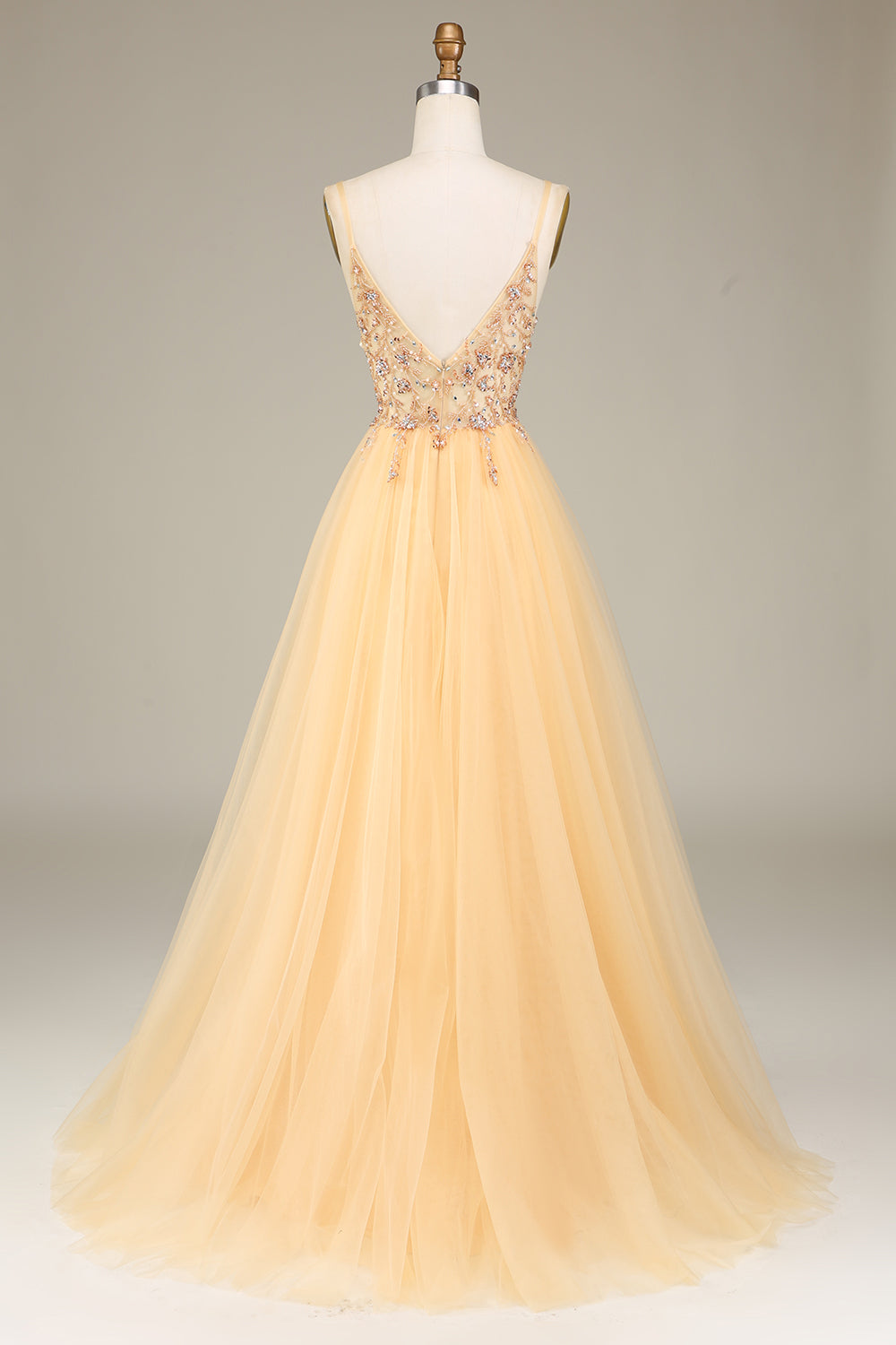 Luolandi Charming Golden A Line Spaghetti Straps Long Prom Dress With Beading And Slit