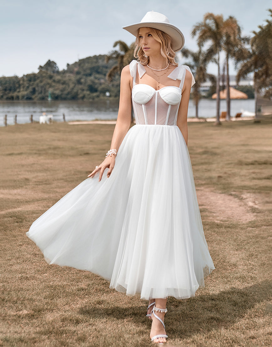 Luolandi Ivory Tulle Corset Tea-Length A Line Wedding Dress Sexy